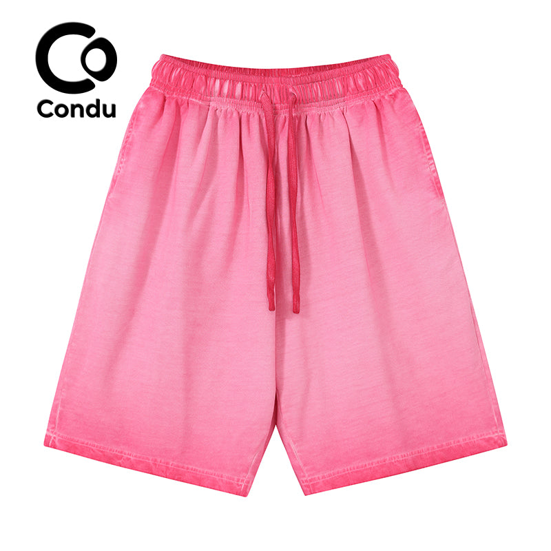 Acid Wash Ombre Cotton Shorts 100% Soft Vintage Gradient Summer Casual Bottoms for Men