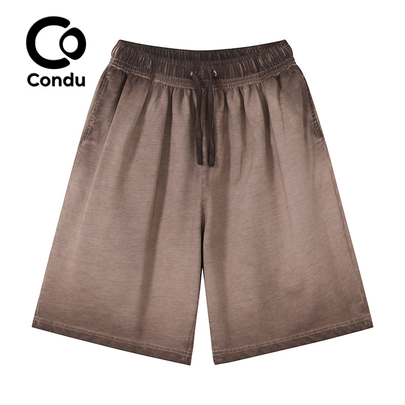 Acid Wash Ombre Cotton Shorts 100% Soft Vintage Gradient Summer Casual Bottoms for Men