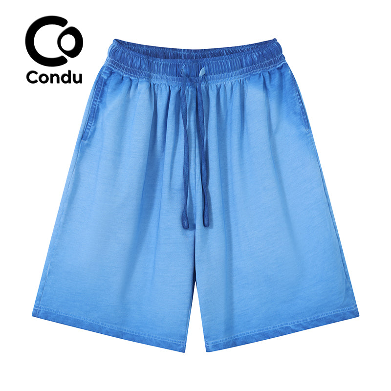 Acid Wash Ombre Cotton Shorts 100% Soft Vintage Gradient Summer Casual Bottoms for Men
