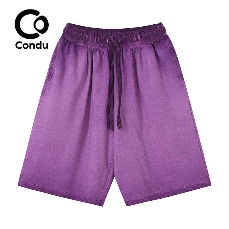 Acid Wash Ombre Cotton Shorts 100% Soft Vintage Gradient Summer Casual Bottoms for Men