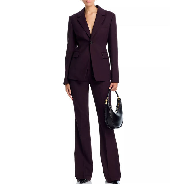Women's Elegant Sophisticated Burgundy Notched Lapel Single Button Eco-Friendly Worsted Blazer Suit Set Regular Fit Flared Pants
