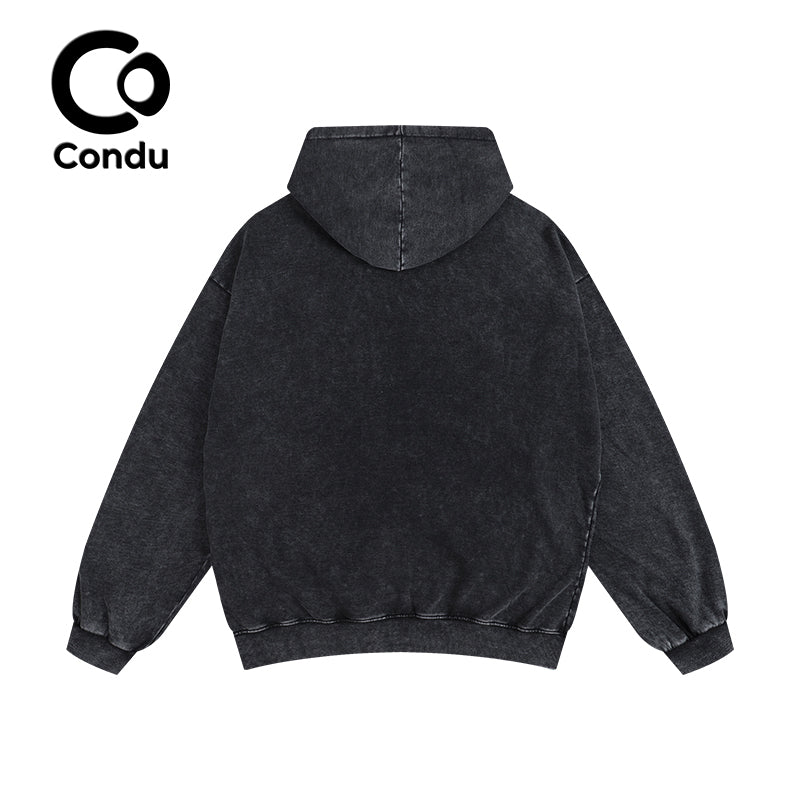 Vintage Acid Wash Distressed Hoodie 100% Cotton Soft Heavyweight Streetwear Sweatshirt Unisex